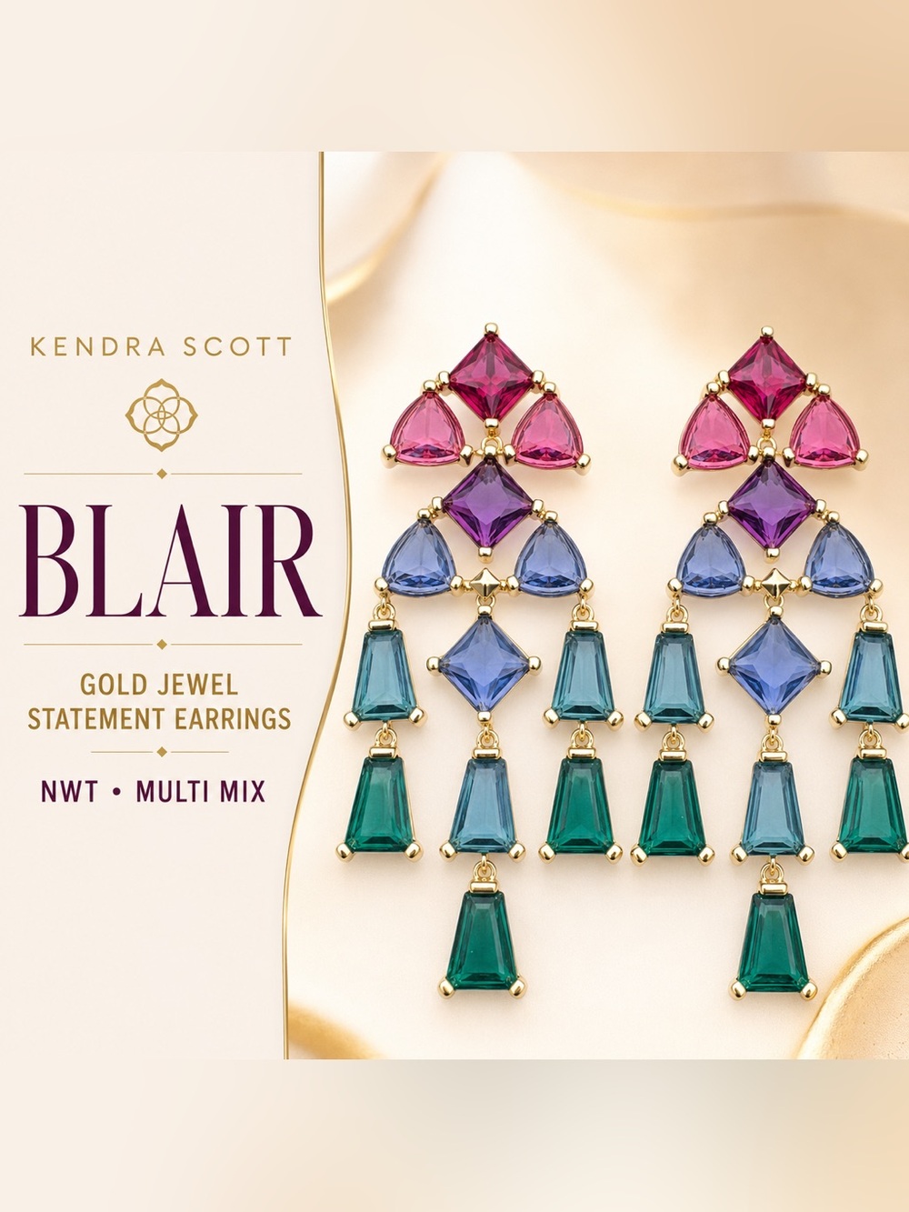 NWT Kendra Scott Blair Gold Jewel Statement Earrings in Multi Mix